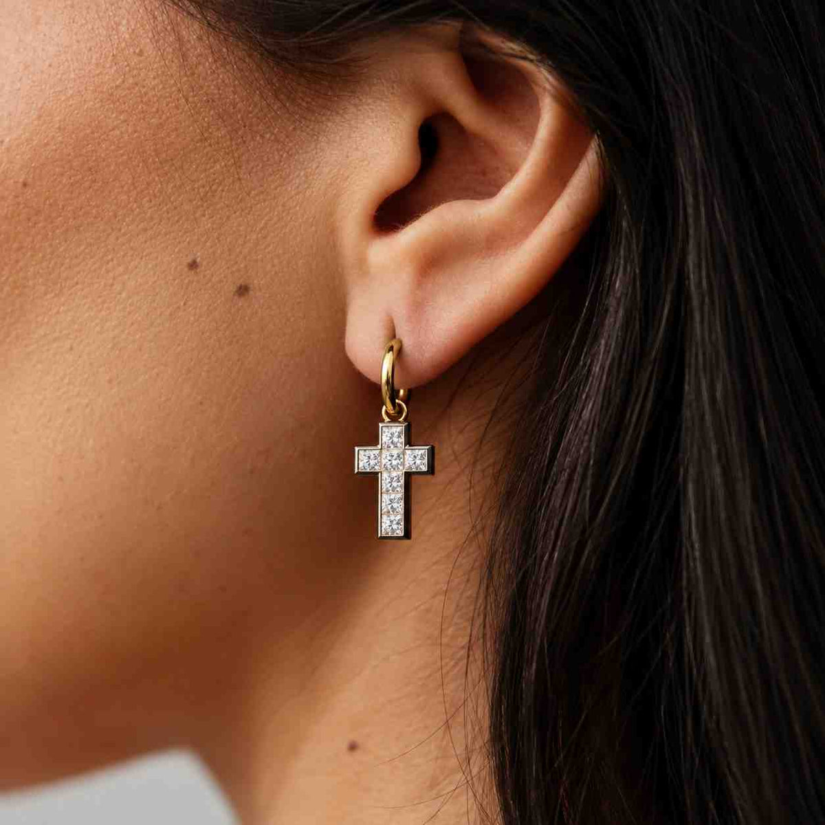 14k gold diamond heart cross hoop earring religious charm
