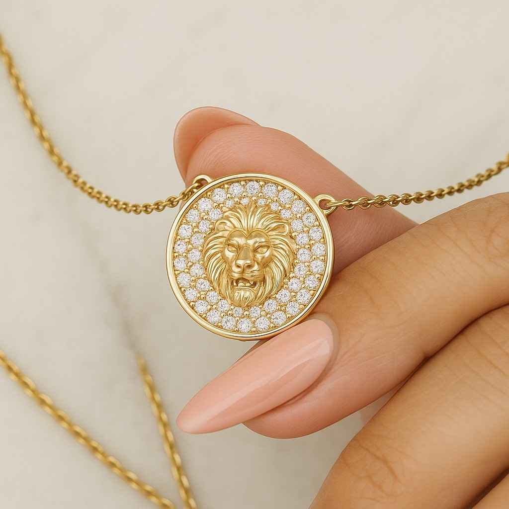 14K Gold Diamond Lion Head Medallion Necklace Solid Gold Lion Pendant Gold Zodiac Necklace
