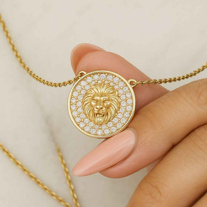 14K Gold Diamond Lion Head Medallion Necklace Solid Gold Lion Pendant Gold Zodiac Necklace