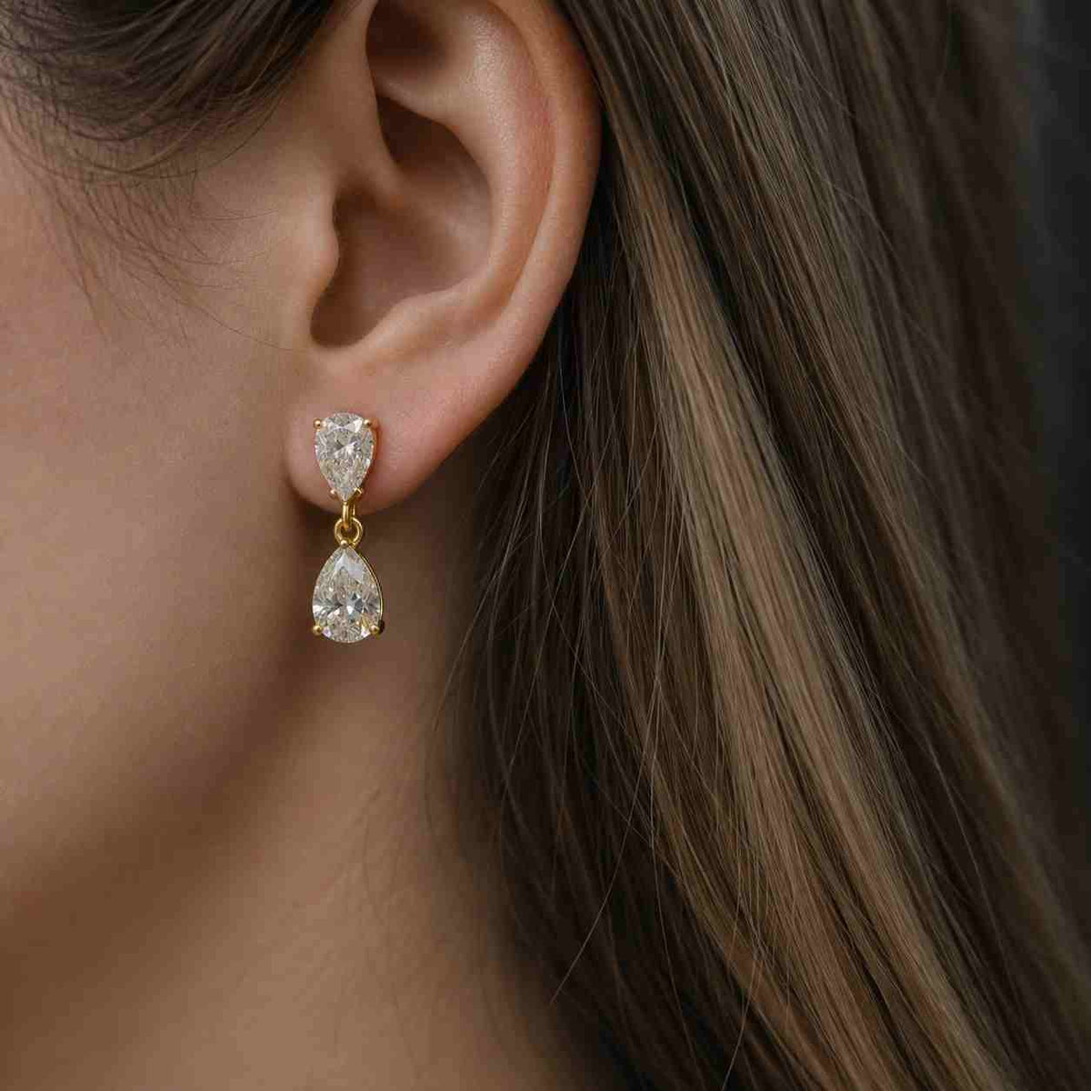14k gold double pear lab grown diamond drop earrings, igi certified
