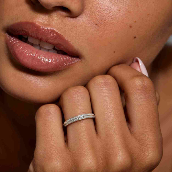 14K Gold Double Row Moissanite Eternity Band, Swirl Design Wedding Ring
