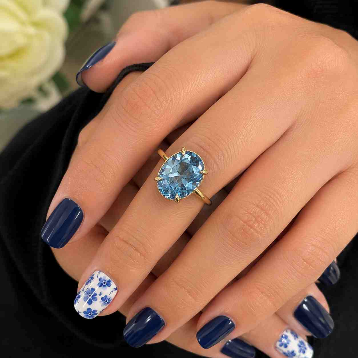 14K Gold Fancy Blue Oval Lab-Grown Diamond Halo Engagement Ring
