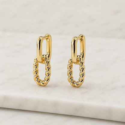 14K Gold Filled Oval Dangle Hoop Earrings Minimalist Double Link Chain