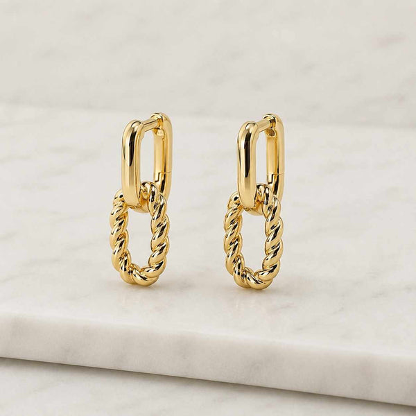 14K Gold Filled Oval Dangle Hoop Earrings Minimalist Double Link Chain