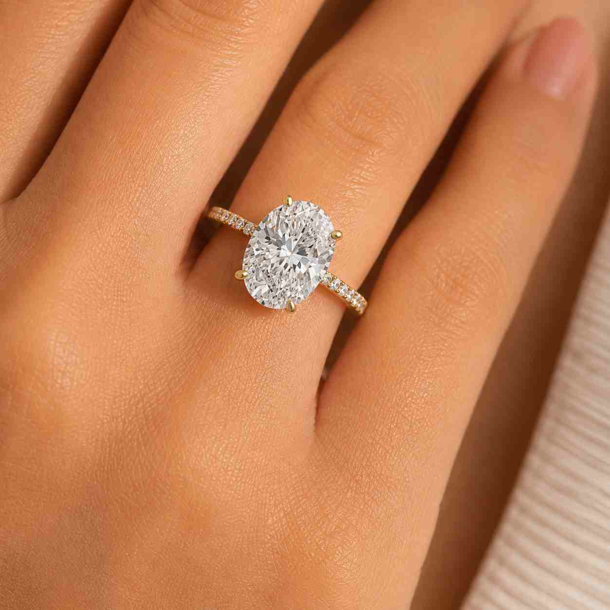 14k gold green oval diamond ring, round diamond hidden halo accent ring for gifts