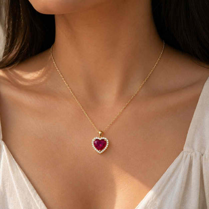 14K Gold Heart Cut Ruby Halo Pendant Necklace Ruby Heart Gemstone Necklace with Round Diamond Halo July Birthstone Gift for Women