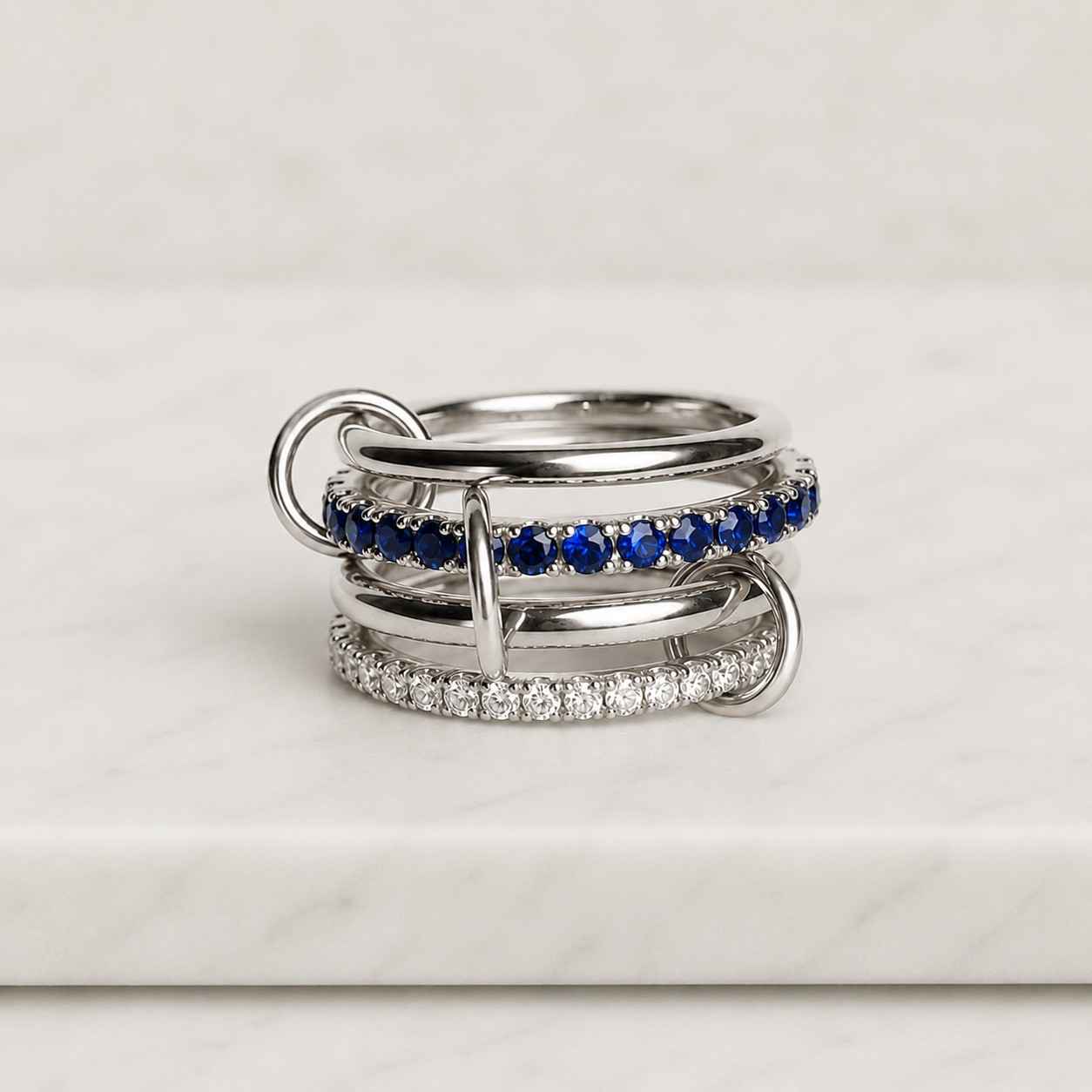 14k gold interlocking blue sapphire ring – sterling silver band, sterling silver connected band, multi link connected ring,