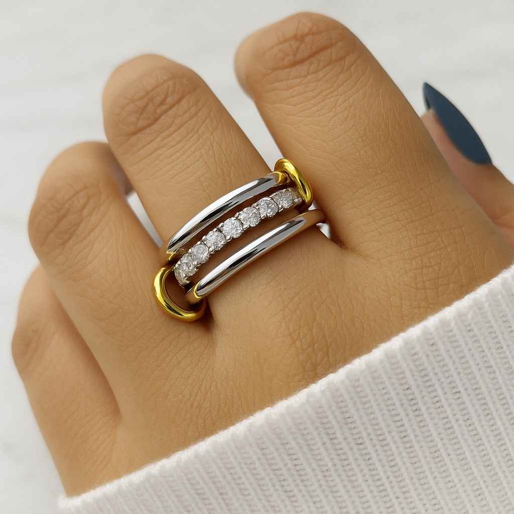 14K Gold Interlocking Diamond Band Double Loop Ring 925 Sterling Silver Multi Link Connected Ring Chunky Connector Ring Silver Ring Set
