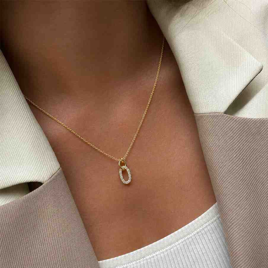 14K Gold Interlocking Link Necklace, Pave Diamond Link Pendant, Minimalist Dainty Chain Necklace, Everyday Gold Jewelry Gift for Her