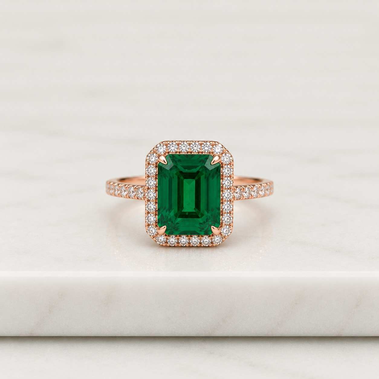 14k gold lab emerald ring, moissanite halo, vintage anniversary ring
