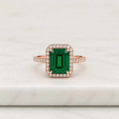 14K Gold Lab Emerald Ring, Moissanite Halo, Vintage Anniversary Ring
