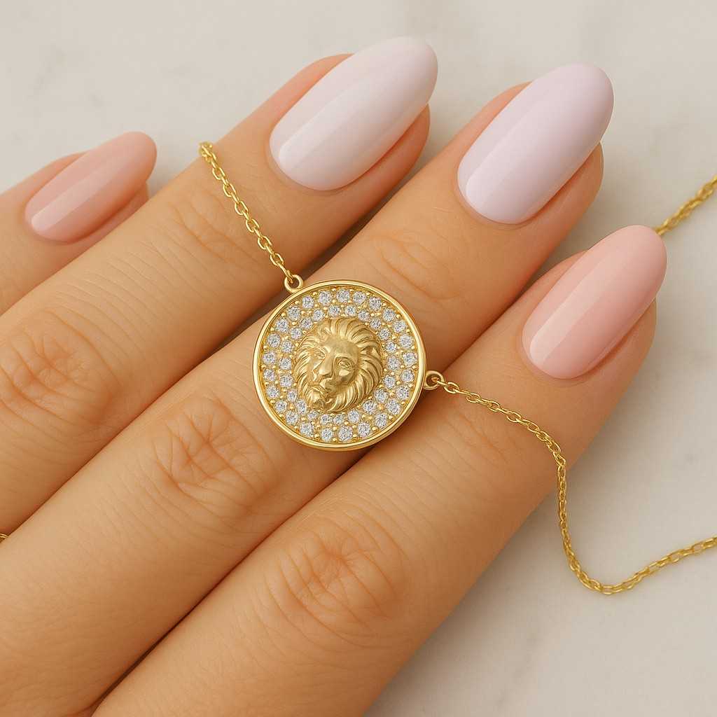 14K Gold Lion Head Necklace Personalized Engraved Charm