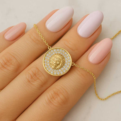 14K Gold Lion Head Necklace Personalized Engraved Charm
