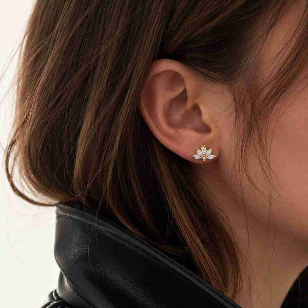 14K Gold Marquise Cut Lab Grown Diamond Stud Earrings Minimalist Cluster Lotus Flower Earrings Tiny Screw Back Everyday Earrings for Women
