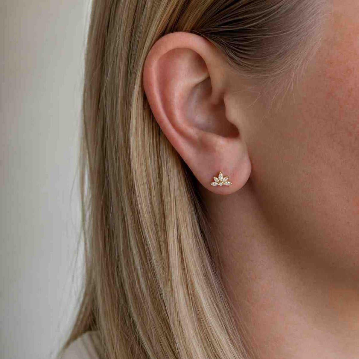 14k gold marquise lab diamond floral stud earrings | dainty lotus cluster
