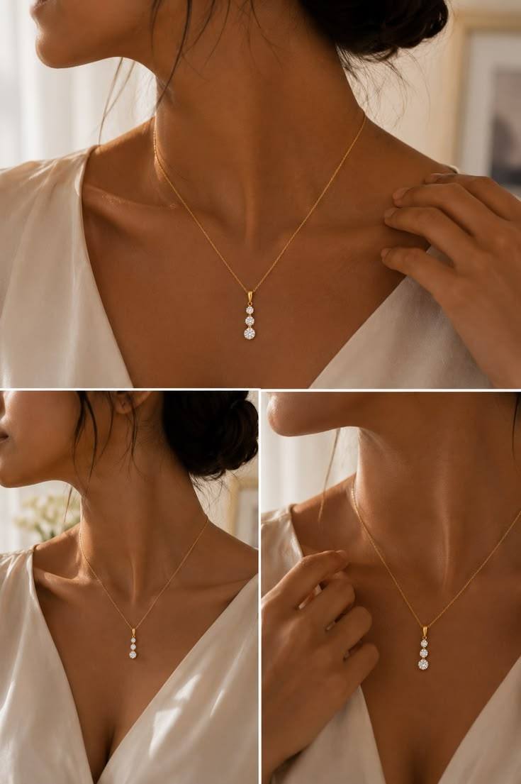 14K Gold Moissanite Three-Stone Necklace, Past Present Future Pendant, Available in White/Yellow/Rose Gold, Sentimental Jewelry for Her

