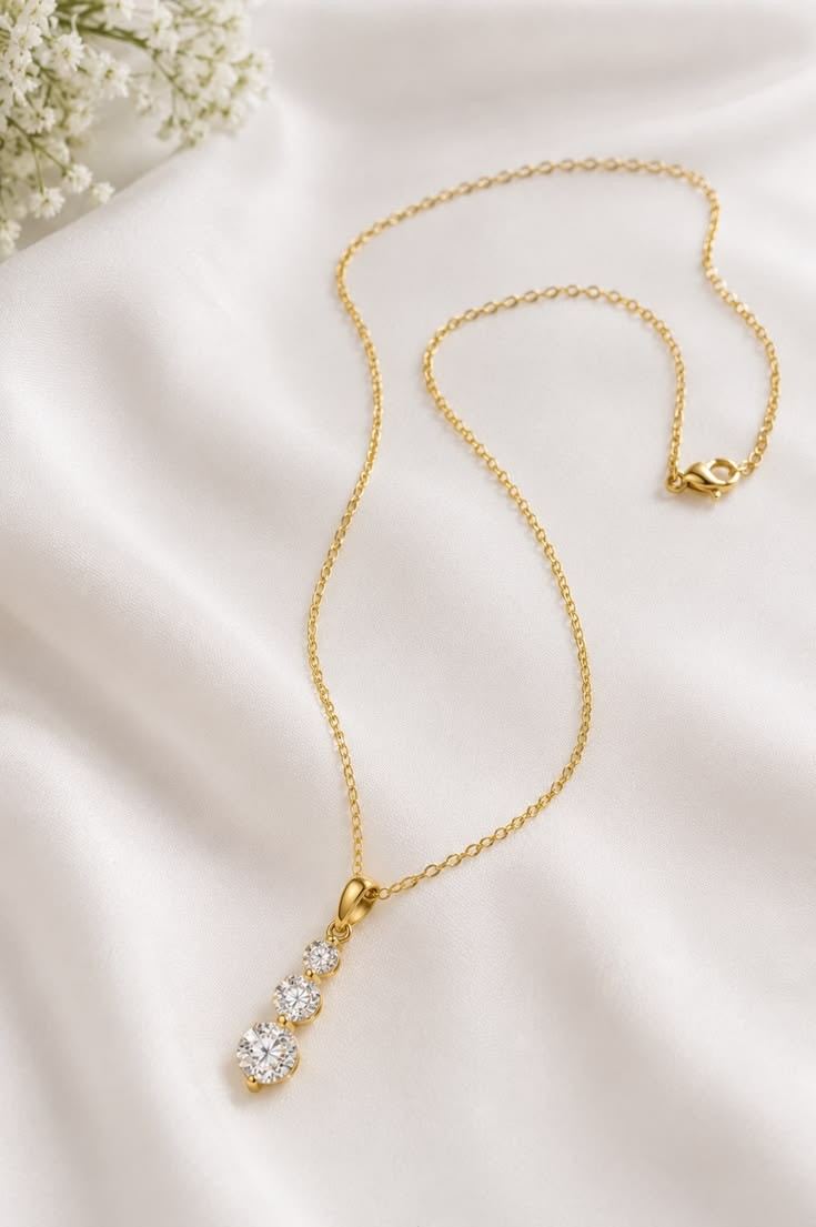 14K Gold Moissanite Three-Stone Necklace, Past Present Future Pendant,