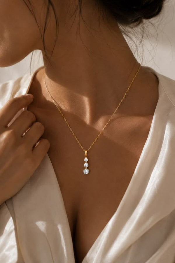 14K Gold Moissanite Three-Stone Necklace, Past Present Future Pendant, Available in White/Yellow/Rose Gold, Sentimental Jewelry for Her
