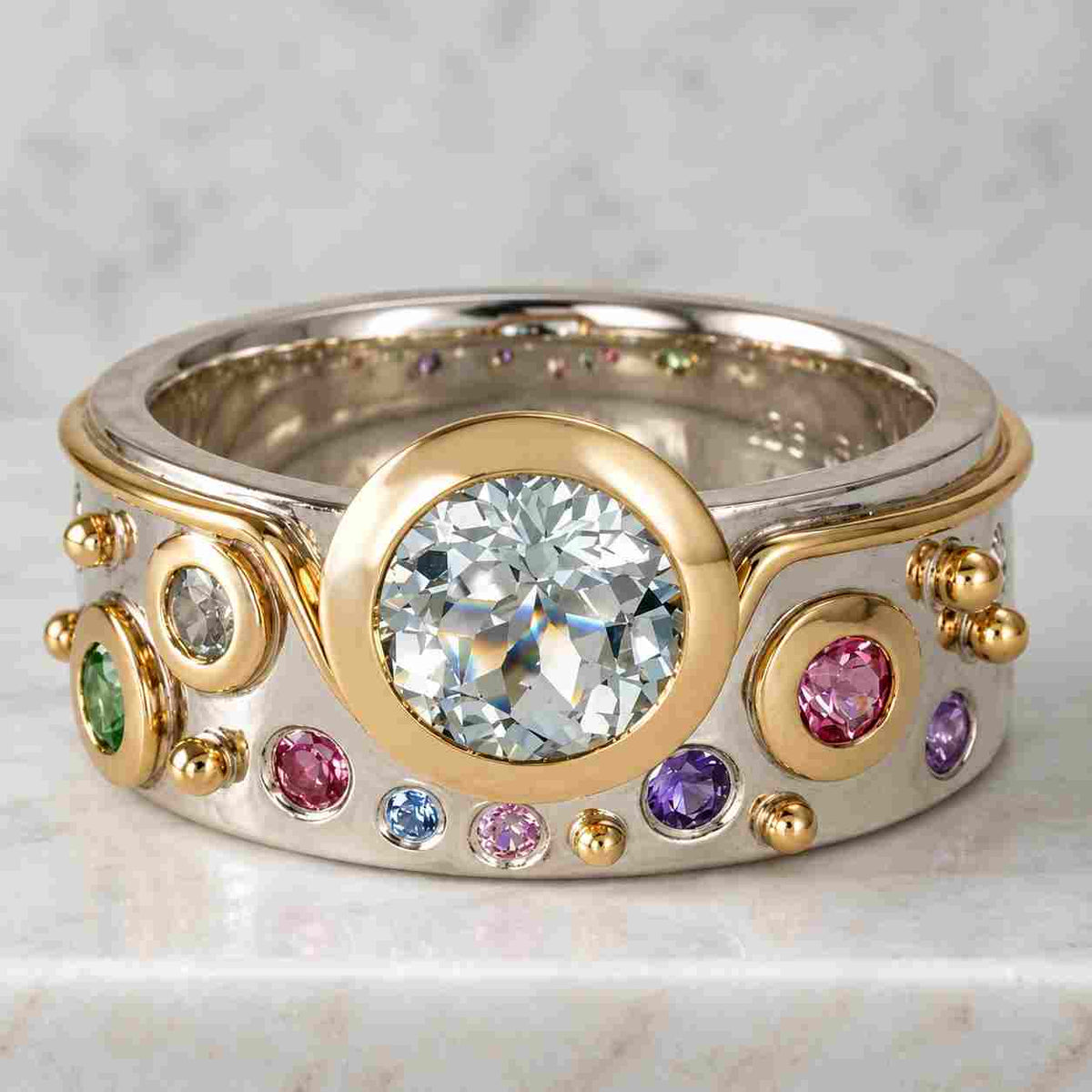 14K Gold Multi Birthstone Ring Round Cut Rainbow Gemstone Wide Band Ring Matte Finish Flush Set Wedding Band Personalized Family Ring
