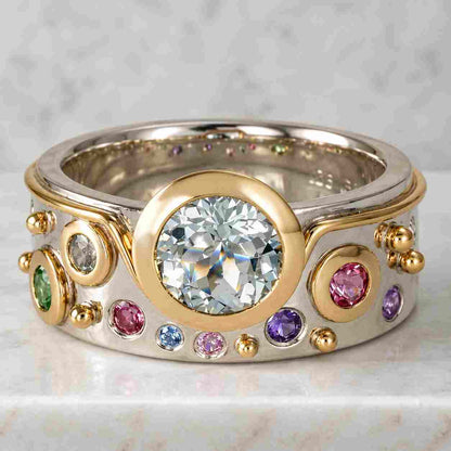 14K Gold Multi Birthstone Ring Round Cut Rainbow Gemstone Wide Band Ring Matte Finish Flush Set Wedding Band Personalized Family Ring
