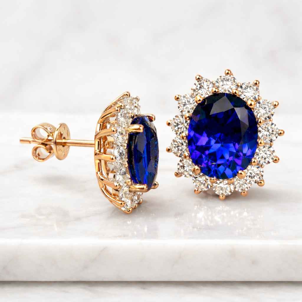 14k gold oval sapphire diamond halo stud earrings
