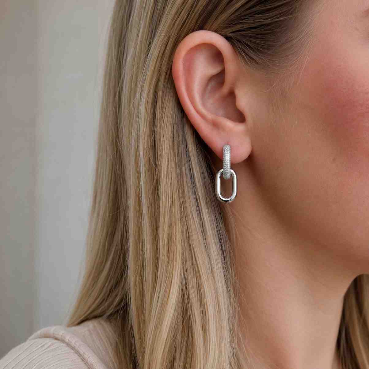 14K Gold Paperclip Chain Drop Earrings: Cubic Zirconia Link Studs