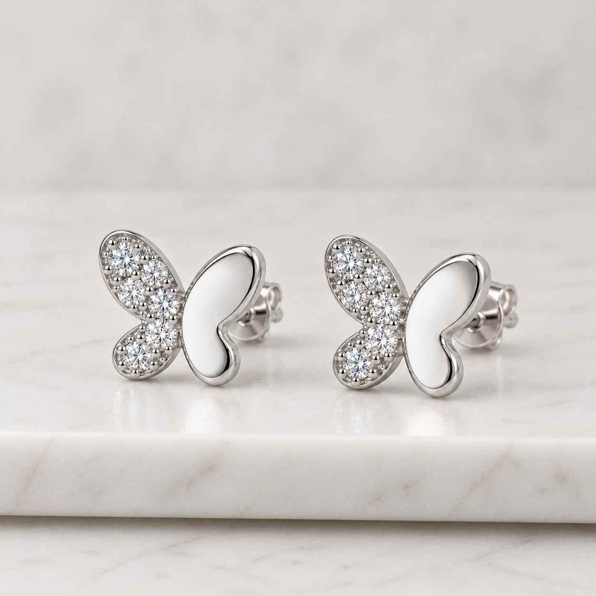 14k gold pave diamond butterfly stud earrings: flat screw back
