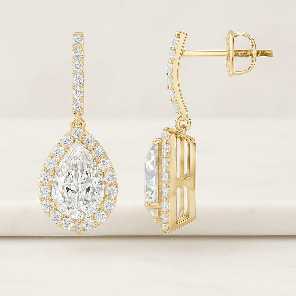 14K Gold Pear Halo Lab Grown Diamond Drop Earrings