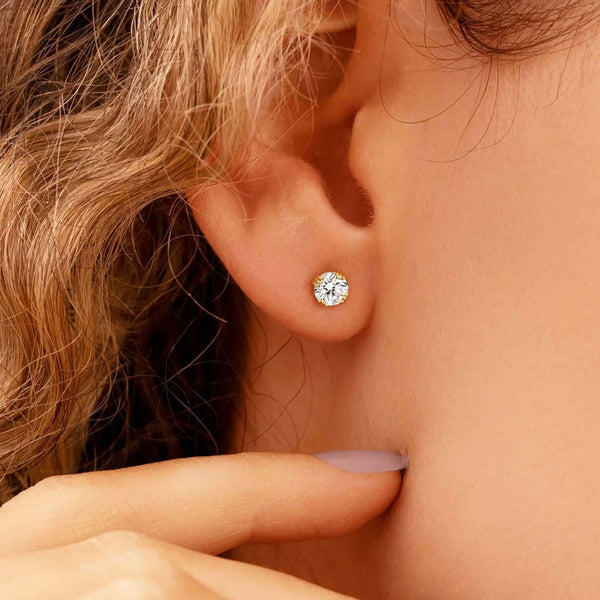 14K Gold Round Cut Diamond Trio Tiny Stud Earrings