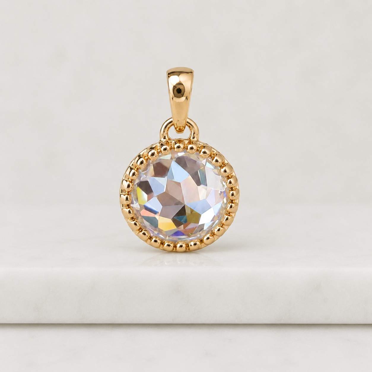 14k gold round rose cut moissanite pendant necklace beaded bezel setting round moissanite necklace minimalist gold pendant gift for her
