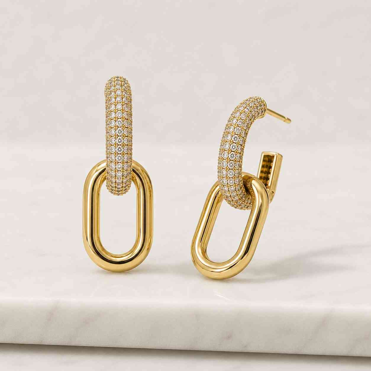 14K Gold Simple Link Earrings, Cable Link Earrings, CZ Hoop Earrings Gold, Minimal Rectangle Earrings, Double Hoop Earrings, Dangle Earrings