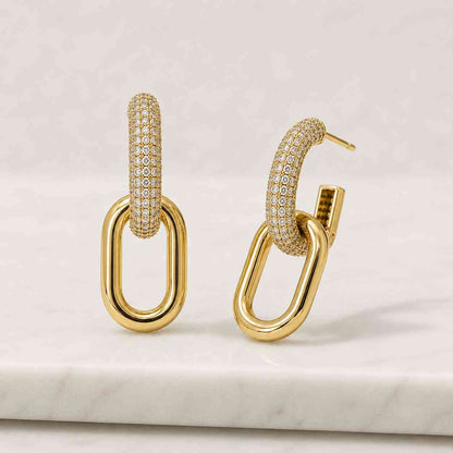 14K Gold Simple Link Earrings, Cable Link Earrings, CZ Hoop Earrings Gold, Minimal Rectangle Earrings, Double Hoop Earrings, Dangle Earrings