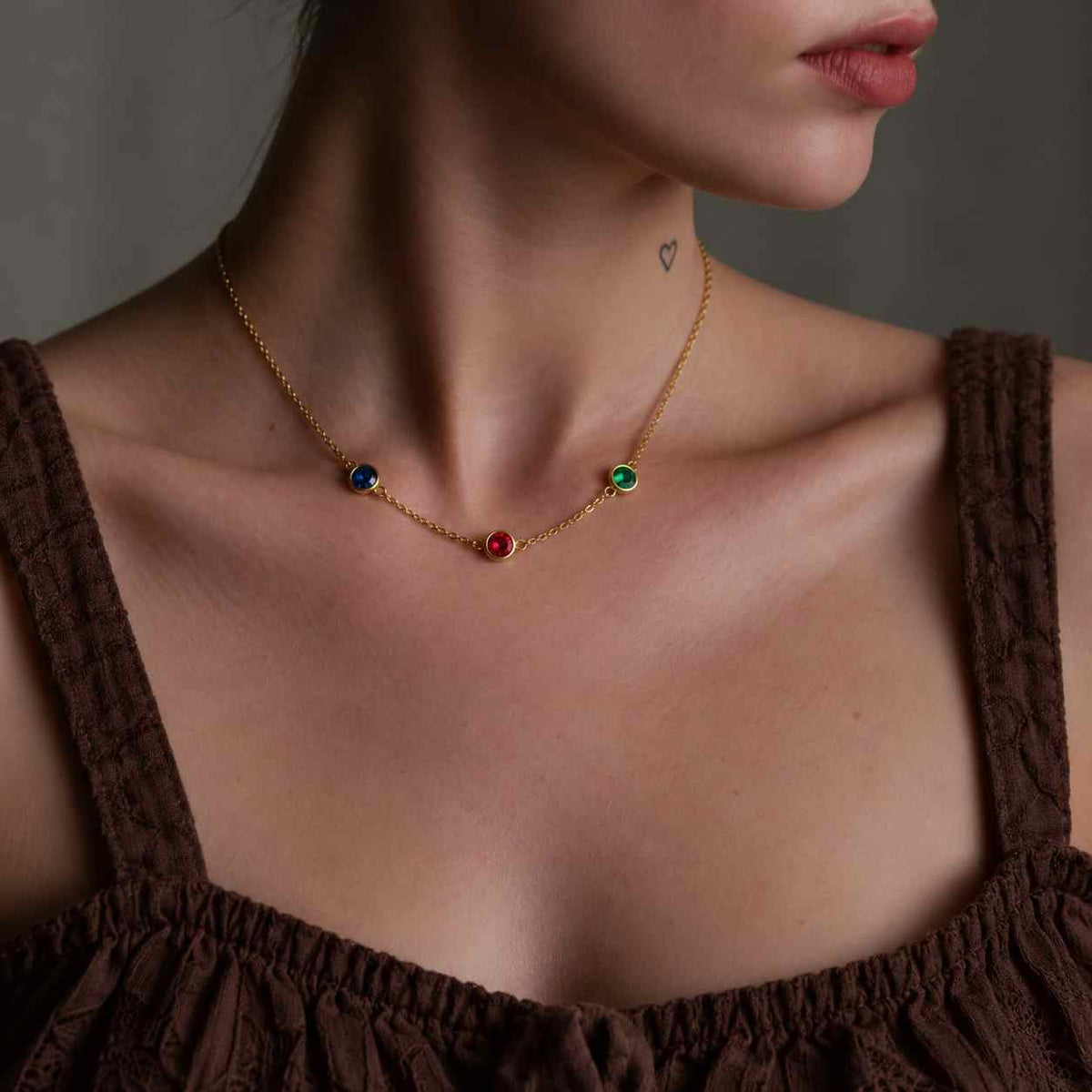 14K Gold Station Necklace: Emerald, Sapphire, Ruby & Rose Cut Diamond
