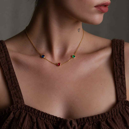 14K Gold Station Necklace: Emerald, Sapphire, Ruby & Rose Cut Diamond
