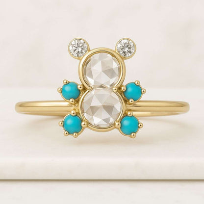 14K Gold Teddy Bear Ring Rose Cut Moissanite, Animal Jewelry