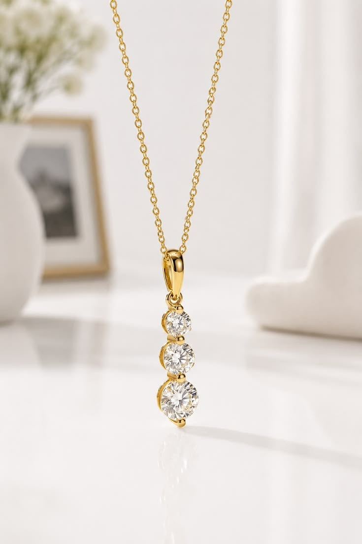 14k gold three diamond drop necklace – past present future trilogy pendant
