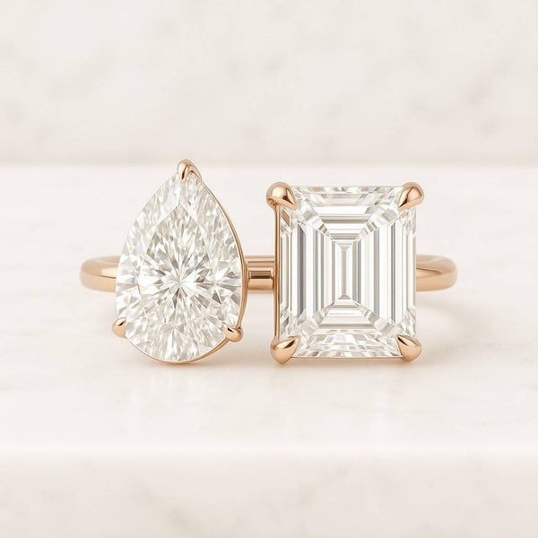 14K Gold Toi et Moi Ring Pear Emerald Lab Grown Diamonds Engagement Rings