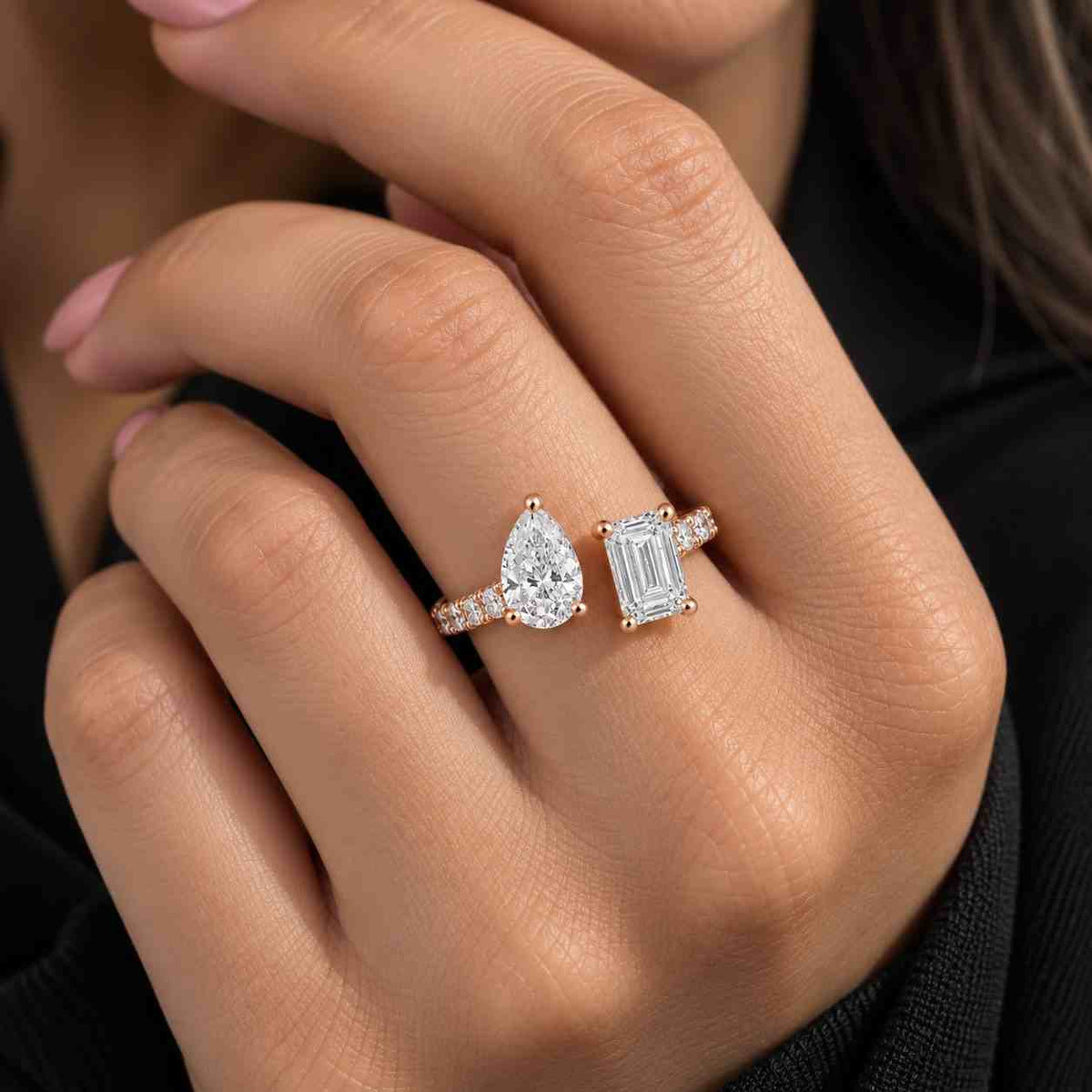 14K Gold Twin Pear Diamond Ring, Lab Grown, Pavé Band
