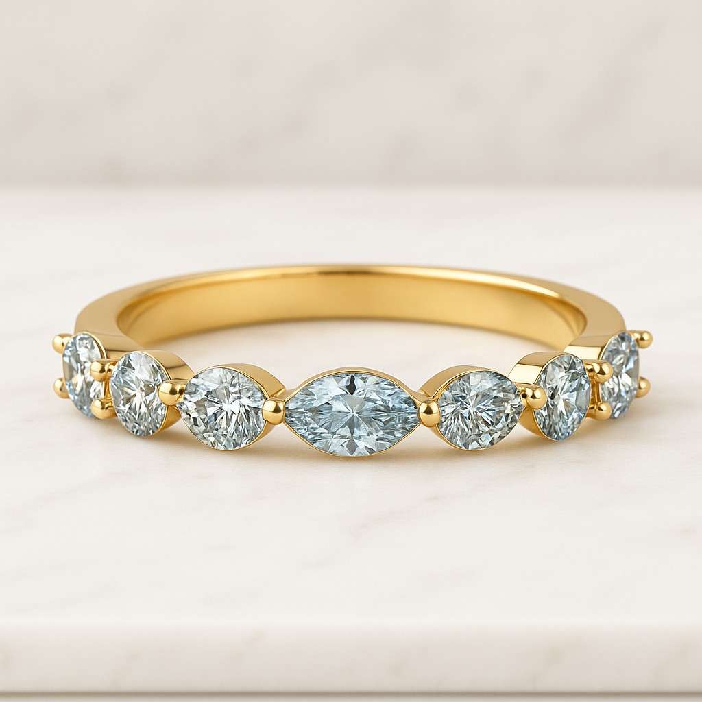 14K Moissanite & Lab Diamond Wedding Band Marquise and Round Cut Stackable Eternity Ring