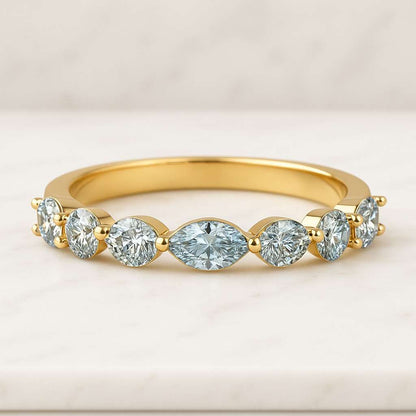 14K Moissanite & Lab Diamond Wedding Band Marquise and Round Cut Stackable Eternity Ring
