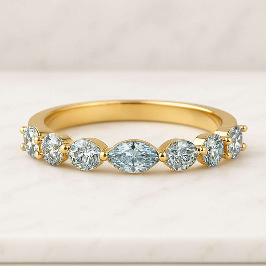 14K Moissanite & Lab Diamond Wedding Band Marquise and Round Cut Stackable Eternity Ring