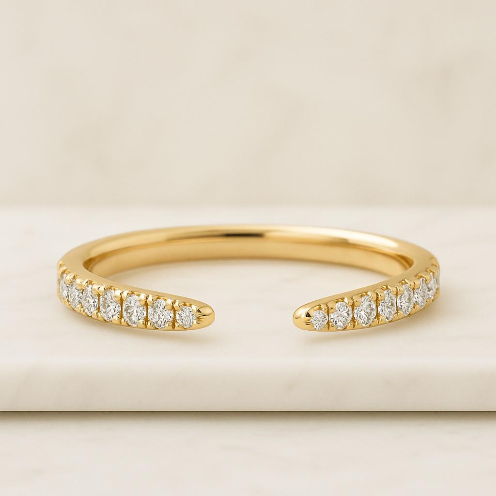 14K Pave Diamond Open Cuff Ring Minimalist Wedding Band Custom Solid Yellow Rose White Gold Wedding Band 10k Gold Ring Platinum Sterling Silver Ring Open Gap Band Simple Cuff Stacking Ring