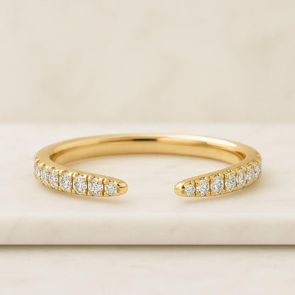 14K Pave Diamond Open Cuff Ring Minimalist Wedding Band Custom Solid Yellow Rose White Gold Wedding Band 10k Gold Ring Platinum Sterling Silver Ring Open Gap Band Simple Cuff Stacking Ring