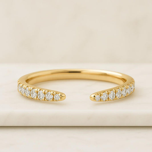 14K Pave Diamond Open Cuff Ring Minimalist Wedding Band Custom Solid Yellow Rose White Gold Wedding Band 10k Gold Ring Platinum Sterling Silver Ring Open Gap Band Simple Cuff Stacking Ring