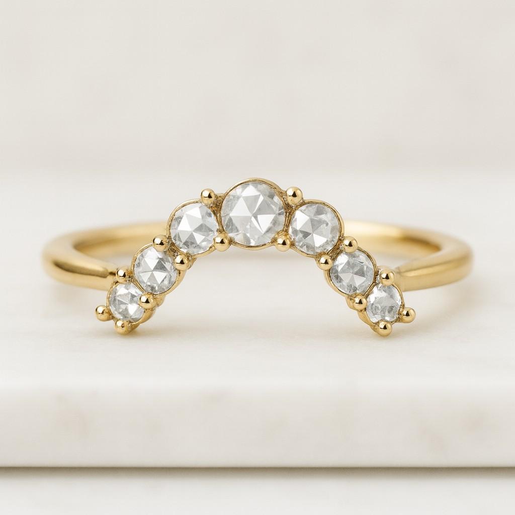 14k rose gold round moissanite curved band stackable wedding rings unique bridal cluster curve jewelry