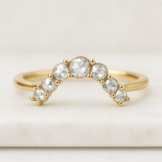 14K Rose Gold Round Moissanite Curved Band Stackable Wedding Rings Unique Bridal Cluster Curve Jewelry