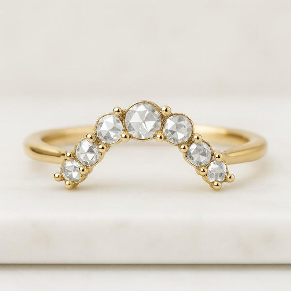 14K Rose Gold Round Moissanite Curved Band Stackable Wedding Rings Unique Bridal Cluster Curve Jewelry