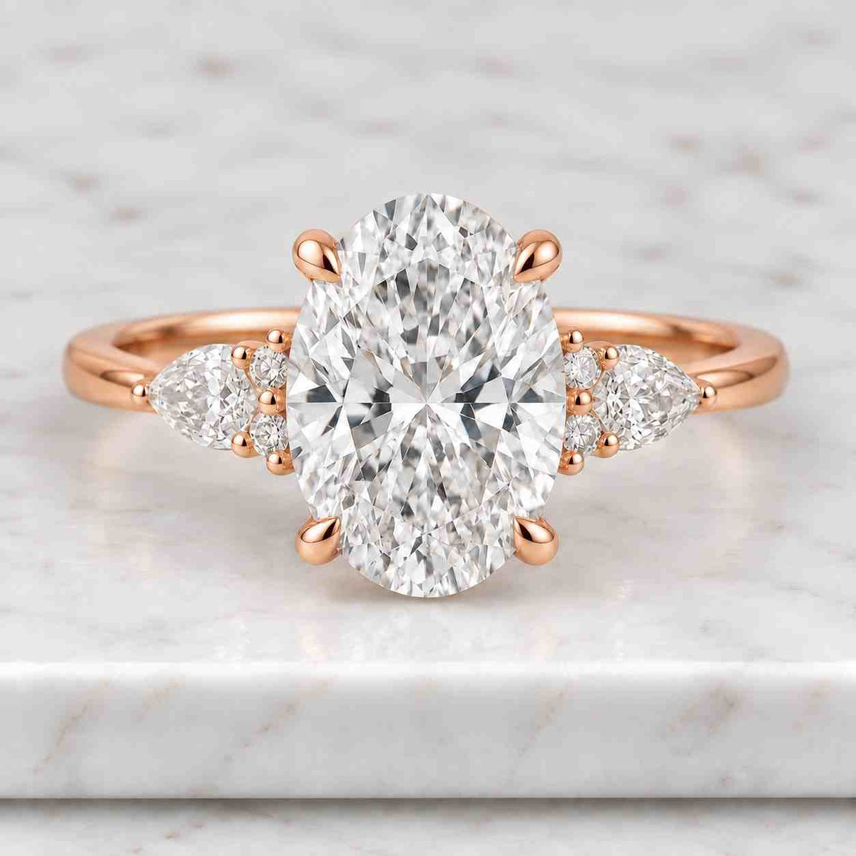 14k rose gold three stone ring, oval cut lab grown diamond engagement ring, minimalist trilogy bridal ring, unique textured promise ring