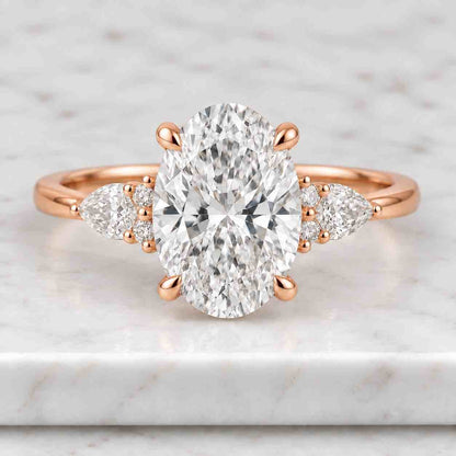 14K Rose Gold Three Stone Ring, Oval Cut Lab Grown Diamond Engagement Ring, Minimalist Trilogy Bridal Ring, Unique Textured Promise Ring