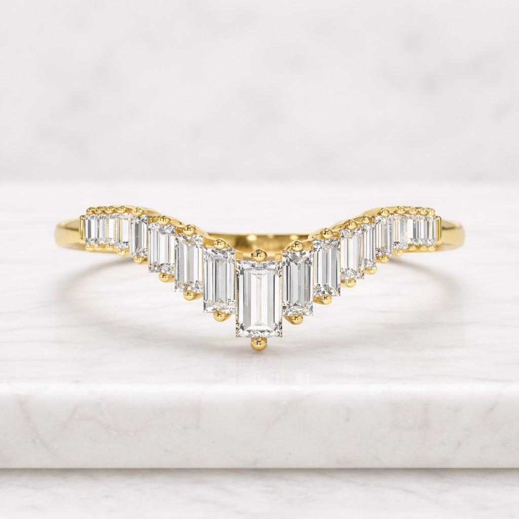 14K Solid Gold Baguette Diamond Curved Wedding Band